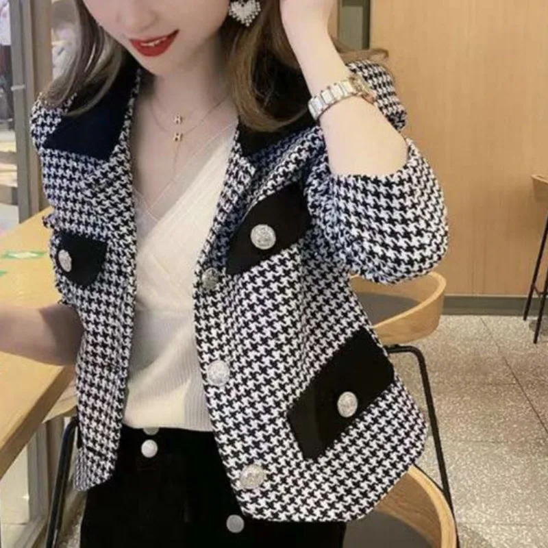 

Women's Spring Polo Collar Checkered Button Splice Fashion Casual New Versatile French Small Fragrance Long Sleeved Coats Top