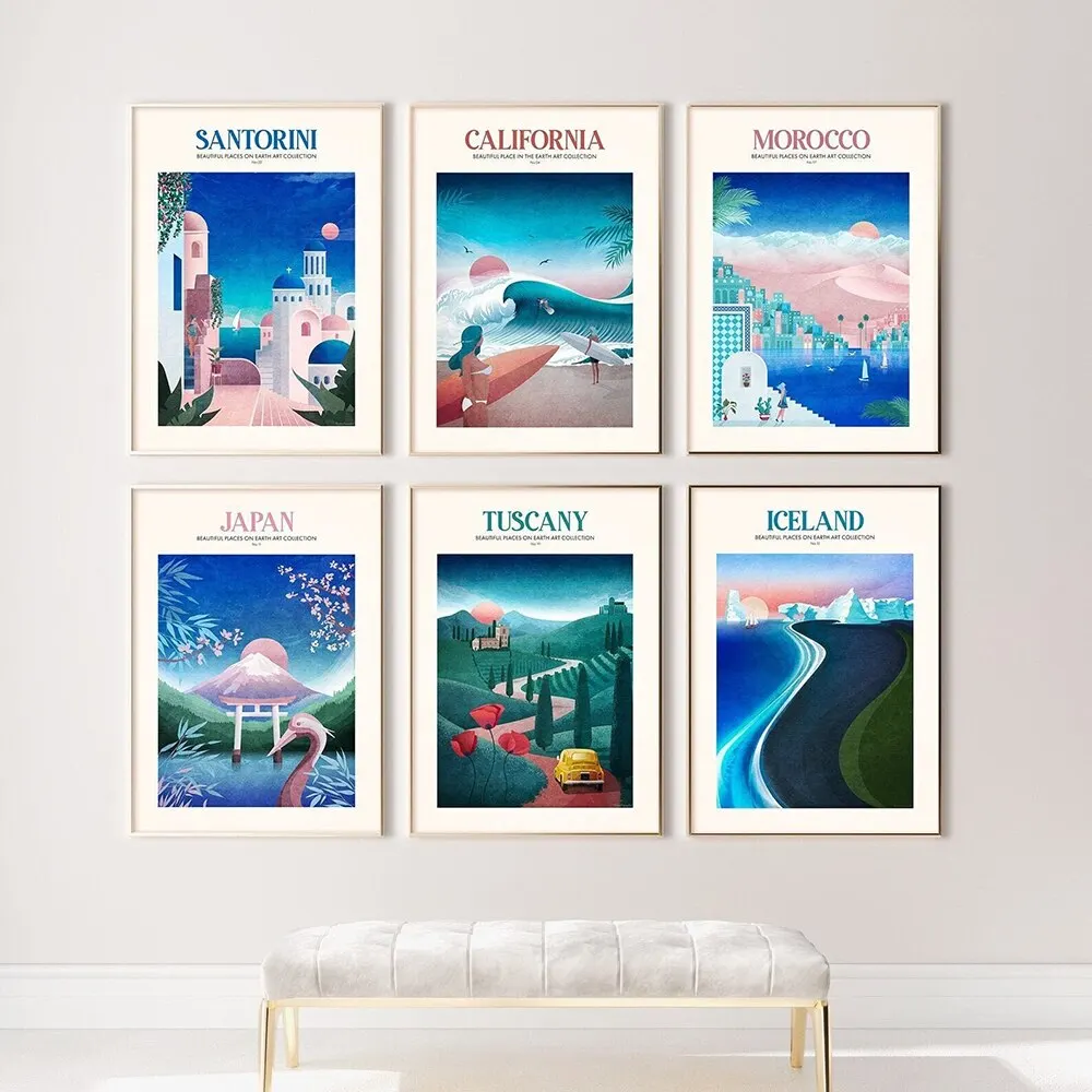 خريطة العالم الفن توسكانا سانتوريني كاليفورنيا المغرب اليابان أيسلندا الحد الأدنى السفر المشهد قماش جدار ديكور #1
