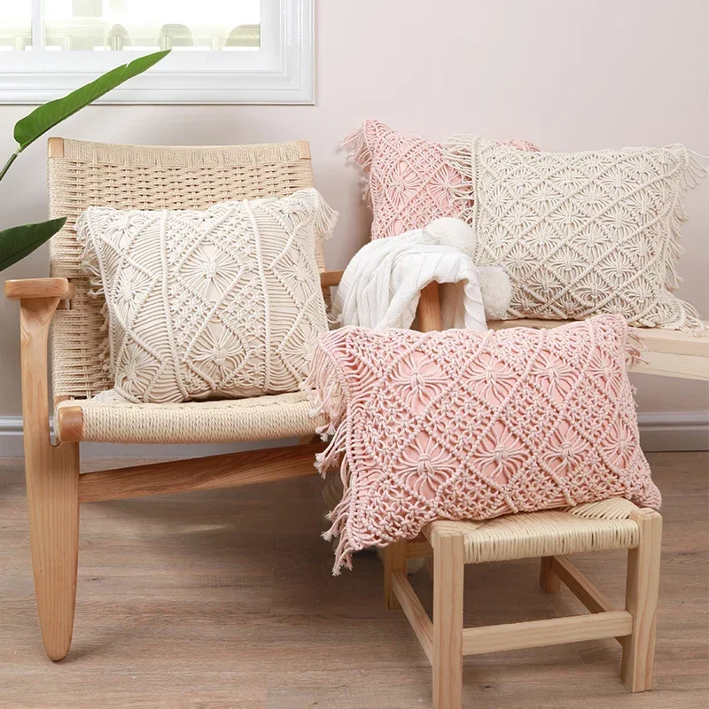 

Bohemia Tassels Cushion Cover Beige Pillow Cover Handmade Square Beige Wavy Pattern Pillowcase Living Room Bed Home Decoration