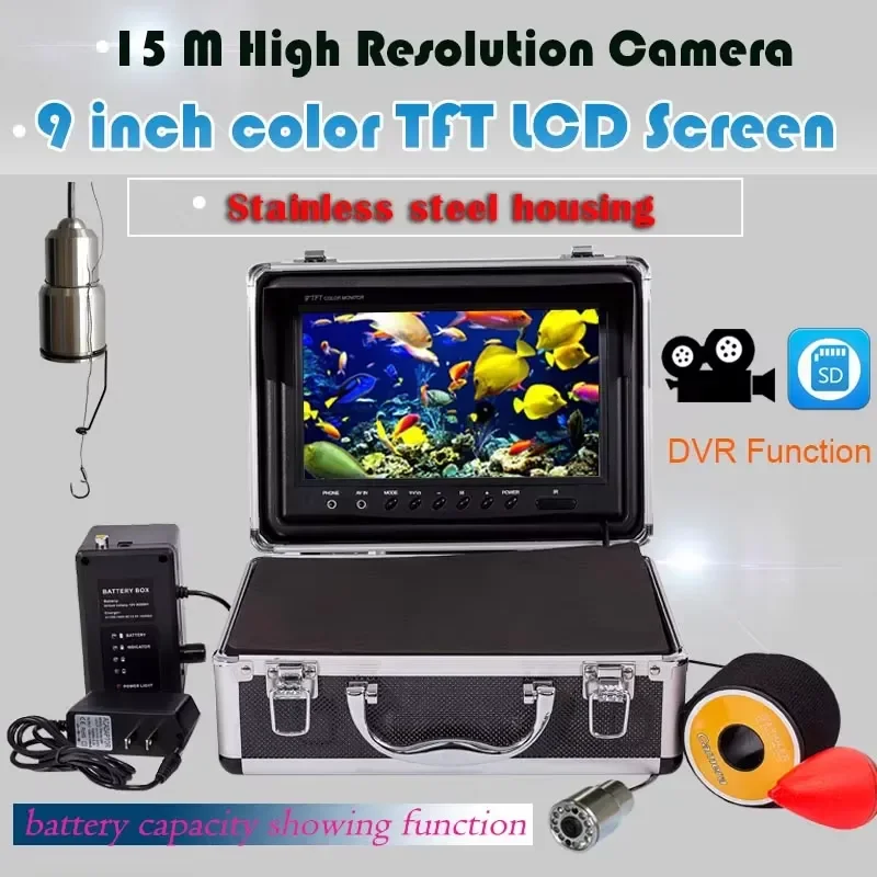 for 15m 30m 50m Fishing Finder Camera 9 inch LCD Display Built-in DVR 1000TVL HD Underwater Camera with 12 White LED Lights