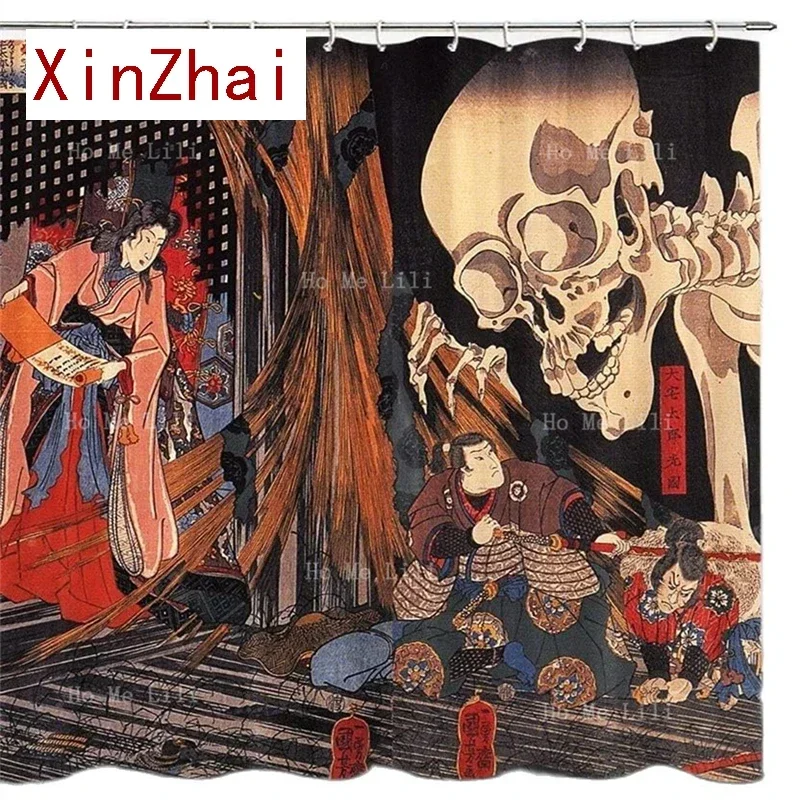 Japanese Ukiyoe Colorful Octopus Monster Koi Fish Waves Samurai Red Sun Unique Waterproof Fabric Shower Curtain With Hooks