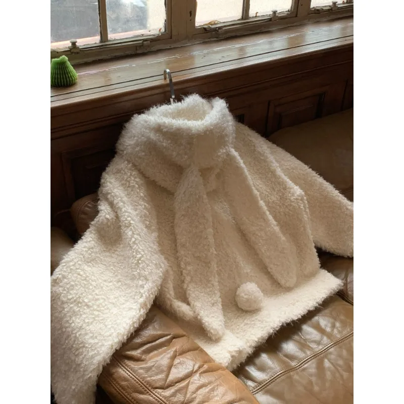 

Модная милая маленькая мужская однотонная шуба с мехом, женская осенне-зимняя новая теплая плюшевая куртка с кроличьими ушками и капюшоном