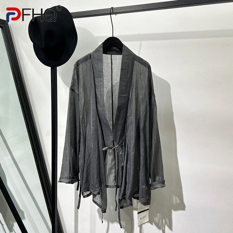 PFHQ New Chinese Style Tops Male Tilted Strap Temperament Thin Perspective Sun Protection Shirt Summer Breathable Design 21Z4894