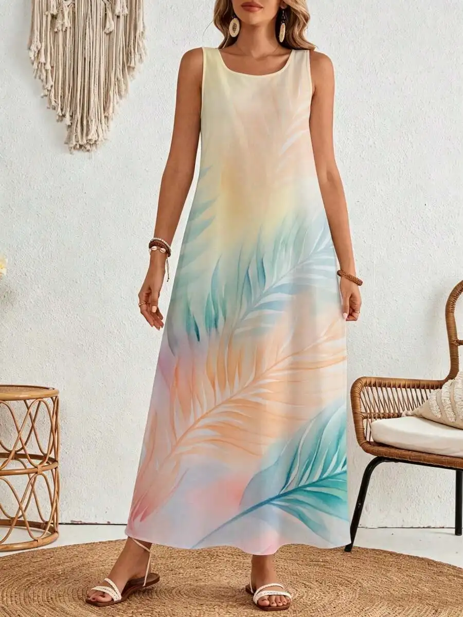 

Sleeveless Maxi Dress Pastel Gradient Tropical Leaf Print Summer Beach Vacation