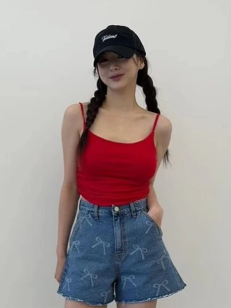 Plones cortos vaqueros de pierna ancha hoados de cintura alta es de verano con estampado de Nudo de mariposa pan...