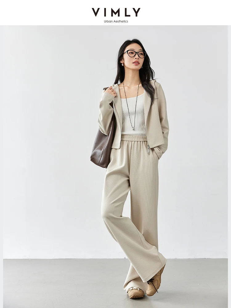 

VIMLY Women's Tracksuit Suit 2025 Spring Simple Casual Hoodie Cardigans Jacket Two Pieces Solid Commuter Hoody Long Pant Sets