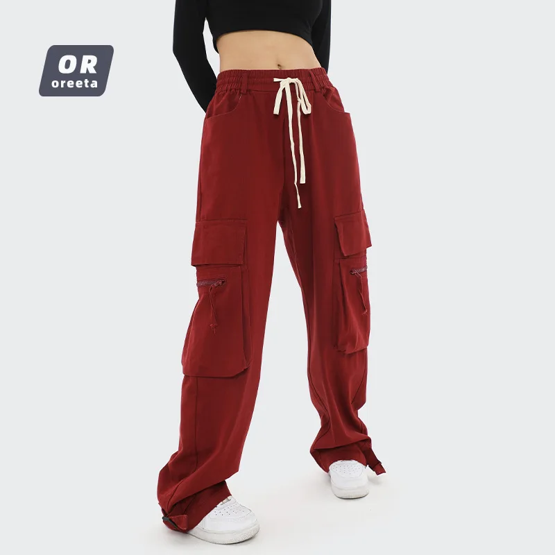 

Neutral High Waist Straight Leg Pants Large ket Zipper Red Retro Workwear Trousers Casual Loose Fit Long Pants for Teens