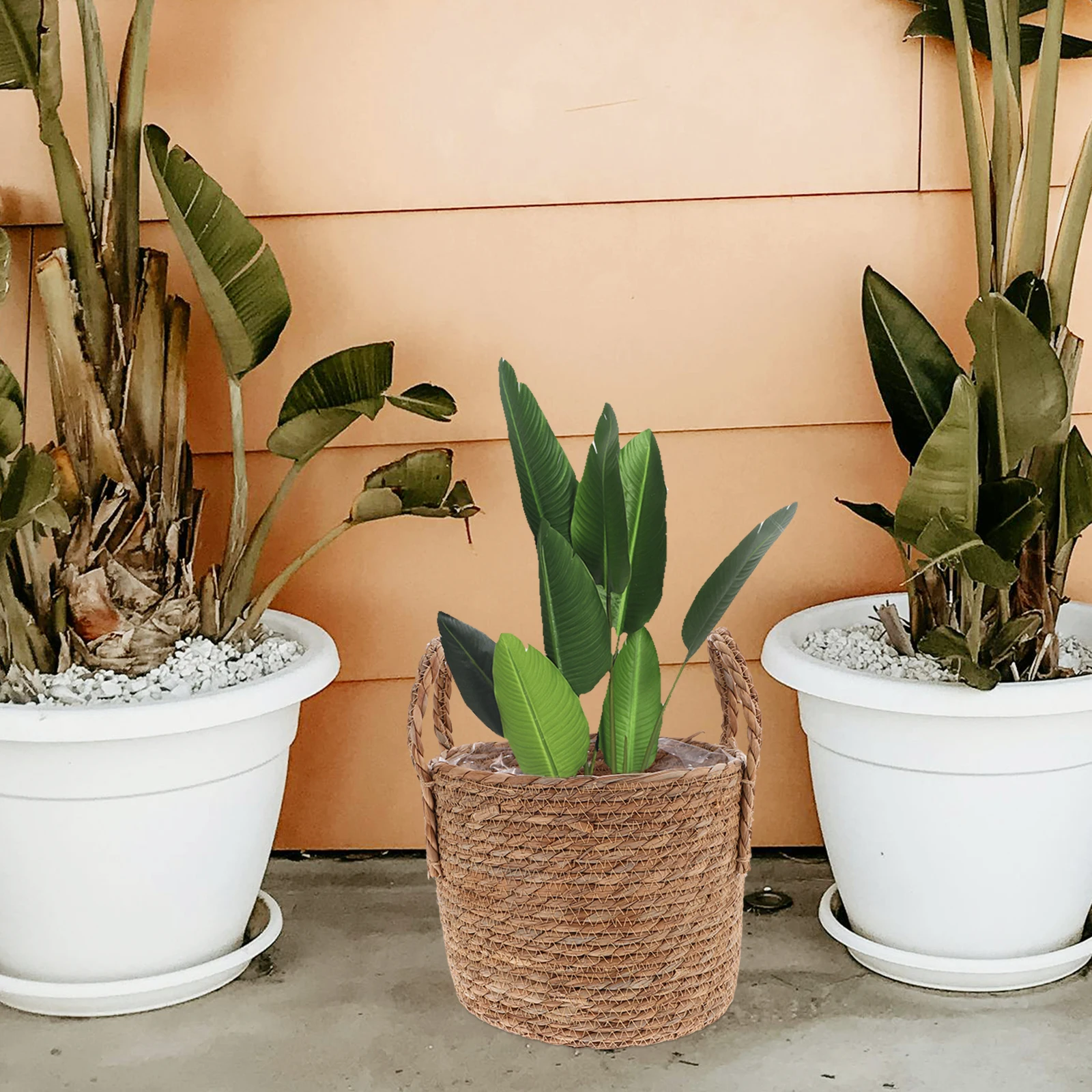

1pc Straw Flowerpot 25CM Retro Planter Indoor Woven Basket Storage Vase Durable Seaweed Material Leakproof Plant Holder