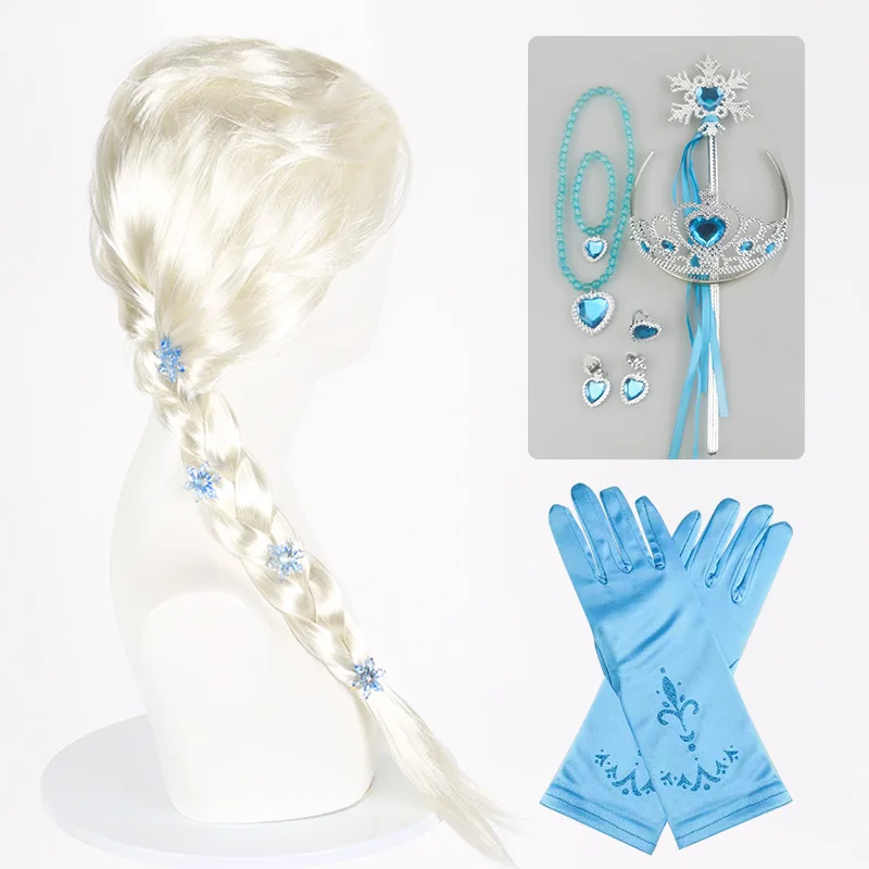 Frozen Elsa Cosplay peluca traje accesorios joyería coronas varitas guantes collares pendientes anillos guante invierno Halloween conjunto