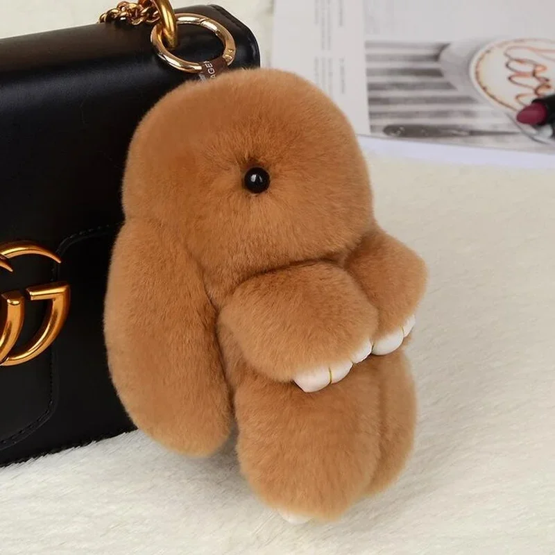 14cm Cute Pluff Bunny Keychain Rex Genuine Rabbit Fur Key Chains For Women Bag Toys Doll Fluffy Pom Pom Lovely Pompom Keyring