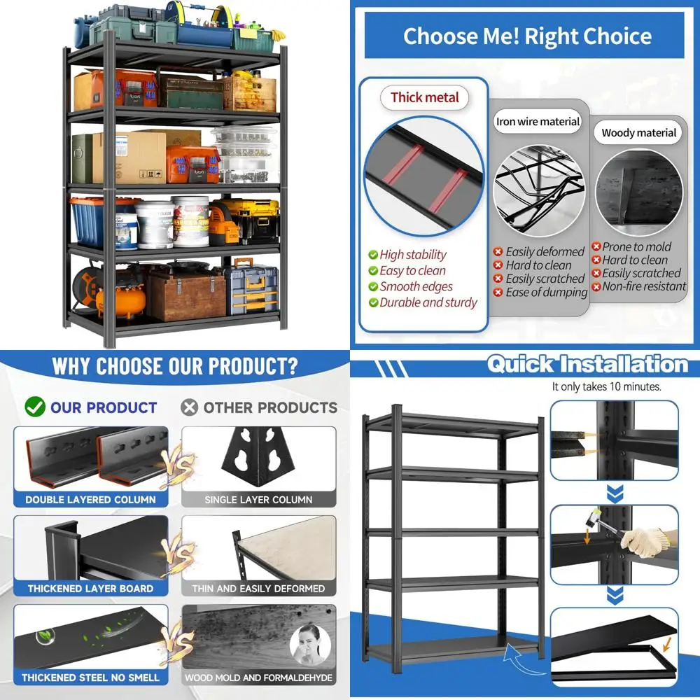 

Сверхмощные регулируемые 5-ярусные металлические стеллажи для хранения в гараже — емкость 3500 фунтов, идеально подходят для подсей и мастерских