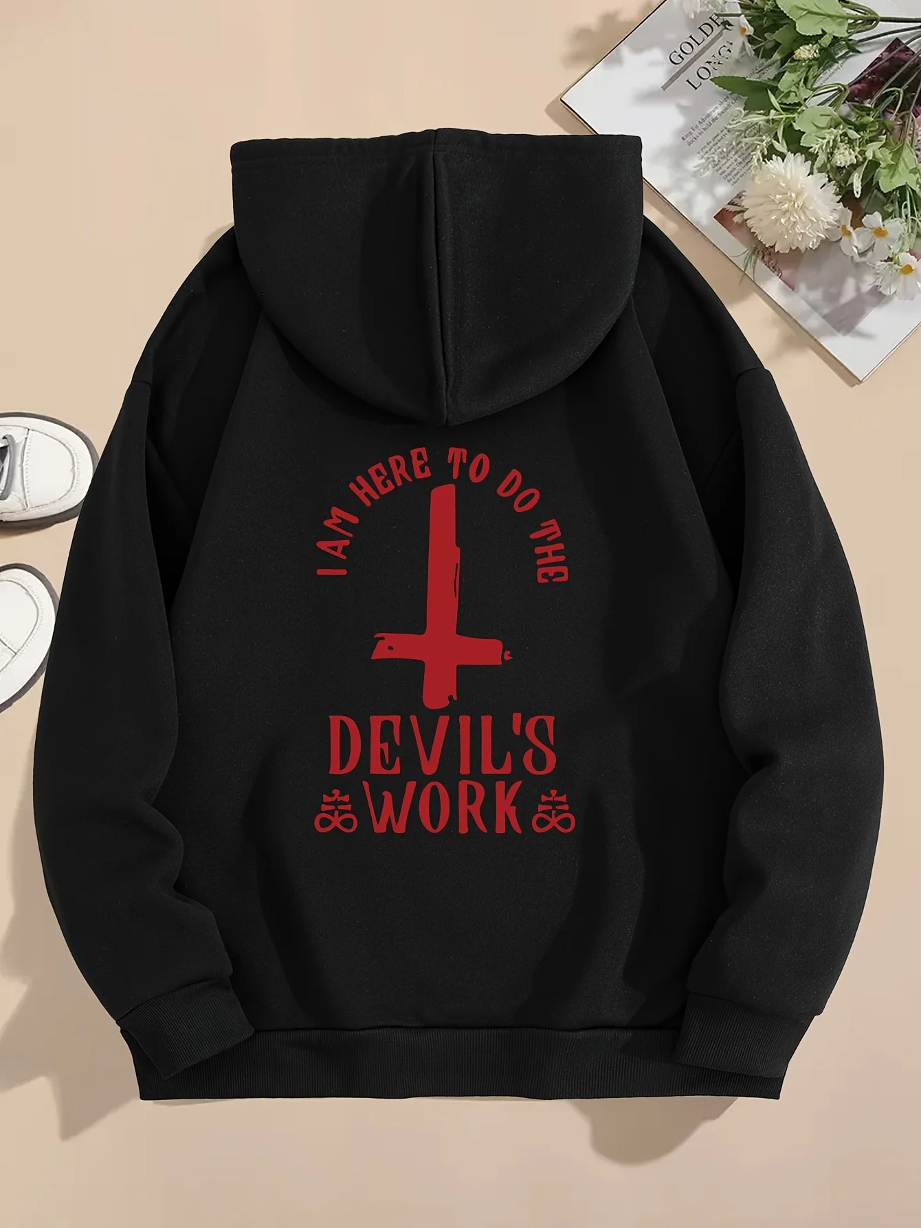 

Cross Print Kangaroo Pocket Hoodie, Casual Long Sleeve Drawstring Hoodies Sweatshirt, Women's Clothing