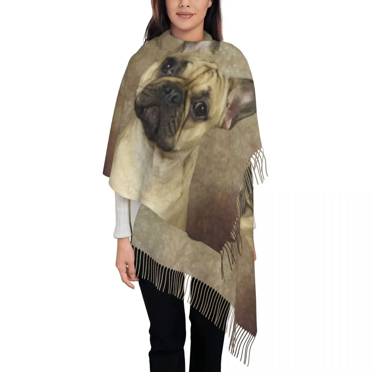 

French Bulldog Scarf Wrap Women Long Winter Fall Warm Tassel Shawl Unisex Pet Dog Scarves