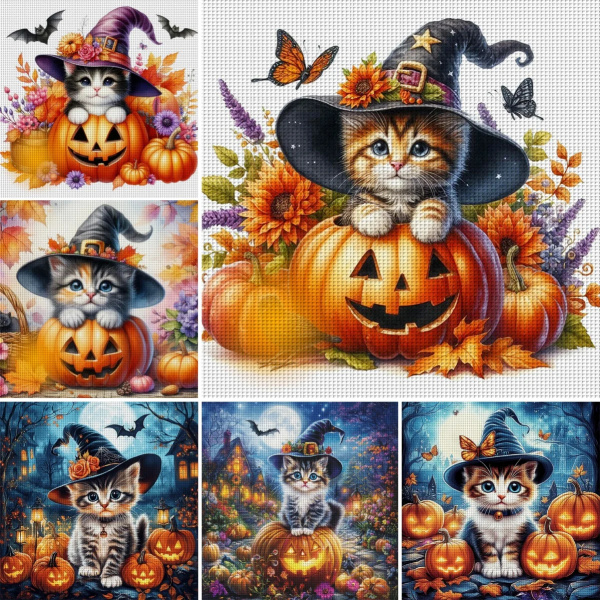 

Набор для вышивания крестиком «Кошачья вечеринка на Хэллоуин» 11CT, DIY, для украшения дома и подарков, материалы ручной работы, без рамки (полуфабрикат), 36x36 см/14.17x14.17 дюймов