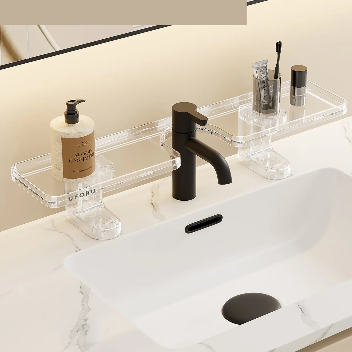 Over Faucet Bathroom Sink Organizer PET Countertop Drain Rack Cream White Cloud White Clear No Drill