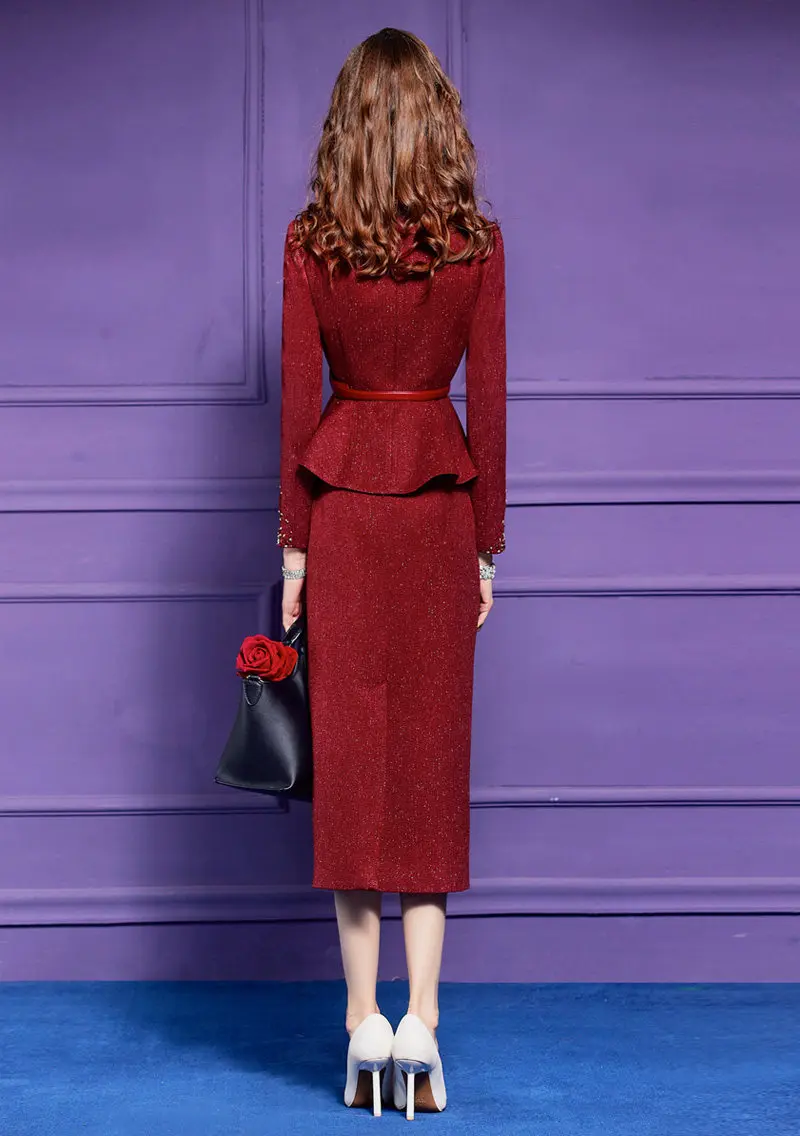 ZJYT Luxury Ladies Suit Skirt Set 2 Piece Festival Outfit Woman Rinestone Elegant Winter New In Matching Sets Dress Party Red