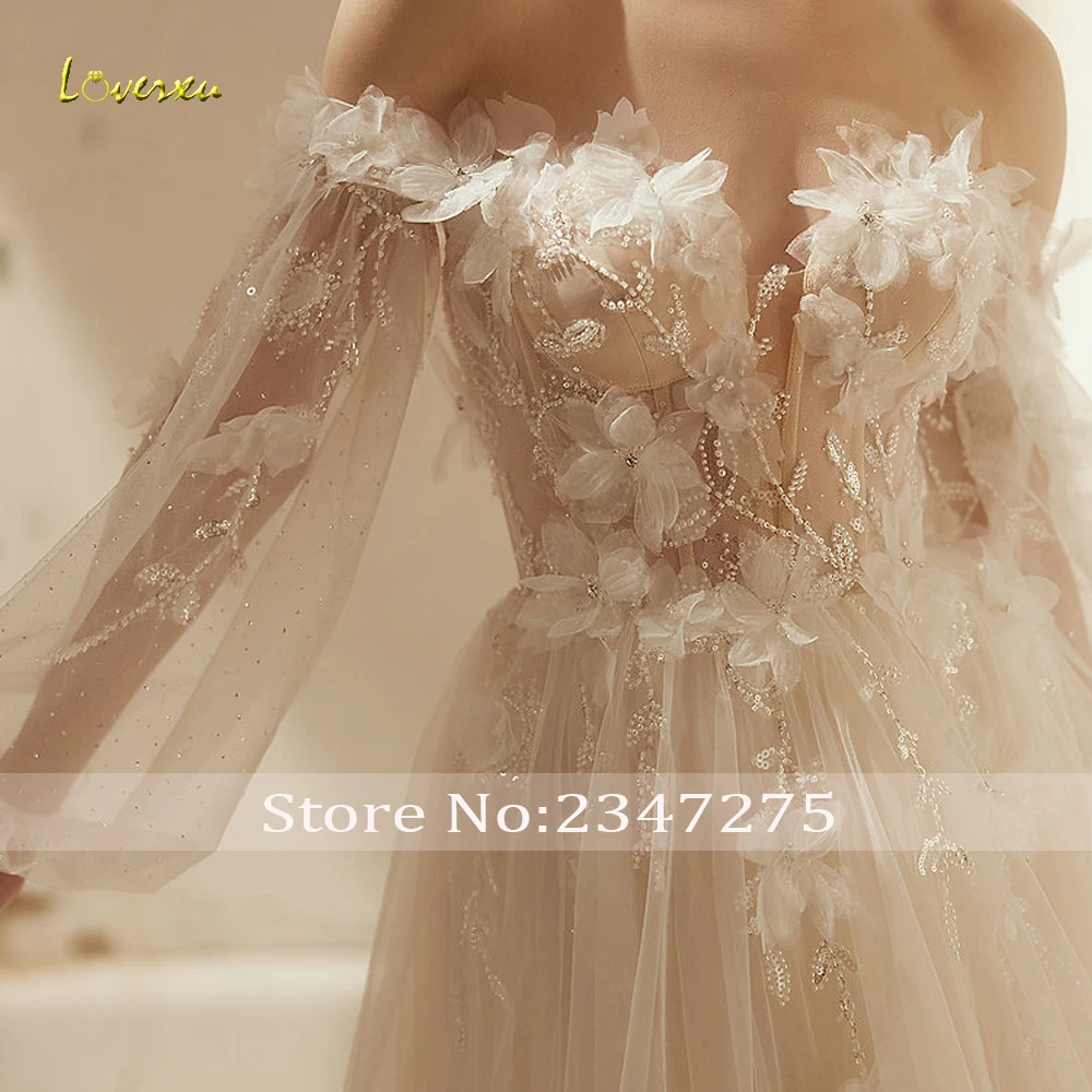 Loverxu A-Line Chic Wedding Dresses 2024 Strapless Puff Long Sleeve Vestido De Novia Appliques Flowers Illusion Robe De Mariee