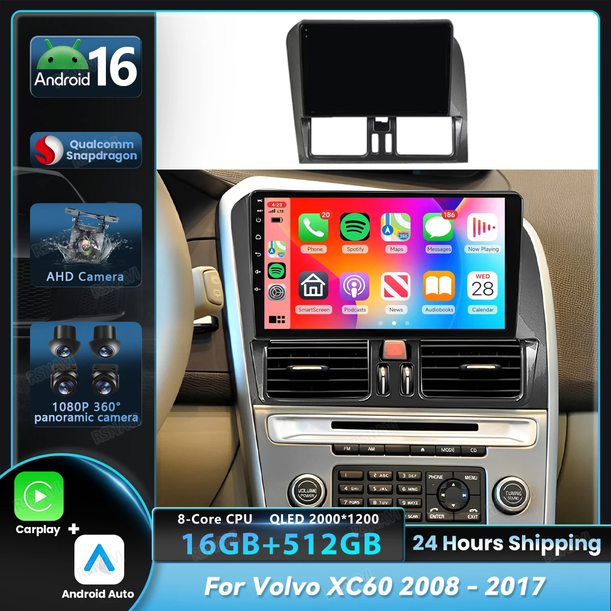 Android 16 Carplay Auto para Volvo XC60 2008 2009 - 2017, Radio para Auto, Navegación Estéreo, Pantalla 2K, Reproductor Multimedia de Video, DSP, Audio