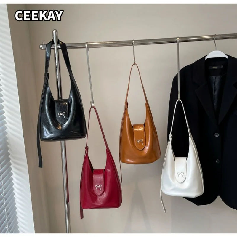 CEEKAY Women's Shoulder Bag Black Glossy PU Leather Small Handbag Silver Bow Detail Daily Commute Casual Sweet Minimalist
