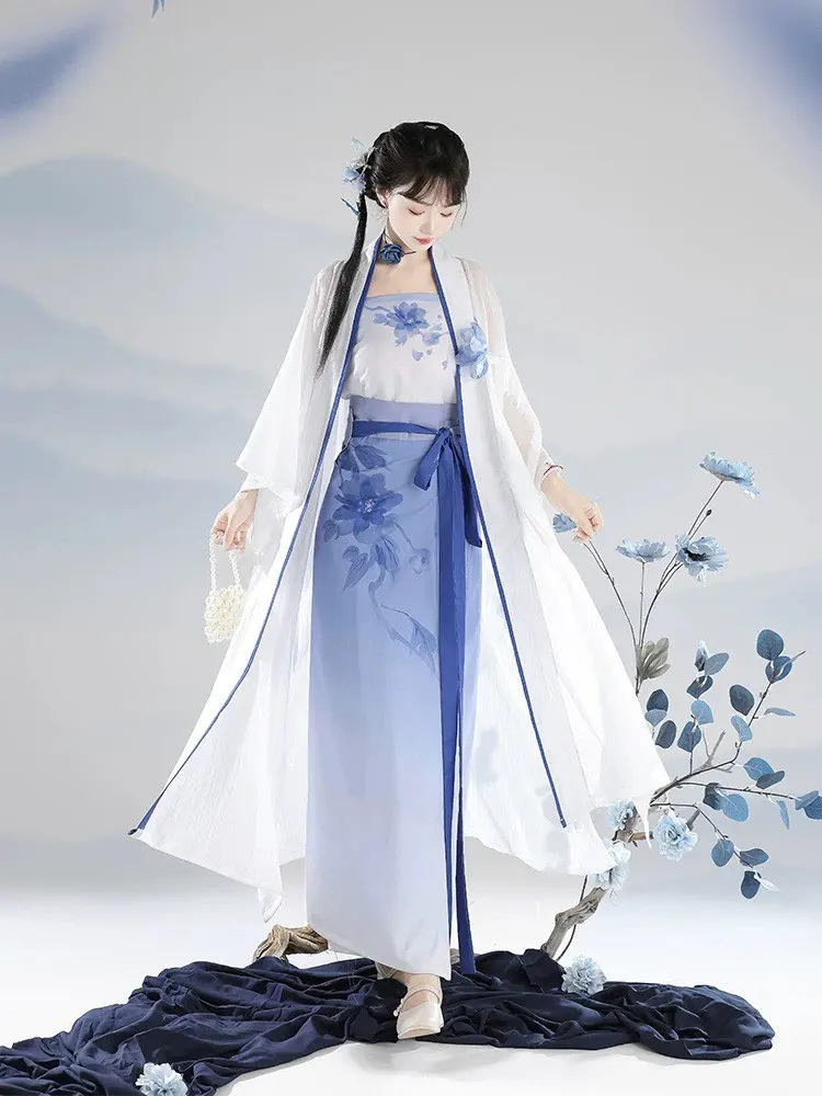 

Chinese Song Dynasty Hanfu, Traditional Ink Painting Blue Floral Gradient Hanfu Dress for Women, Elegant Song Style Three-Piece