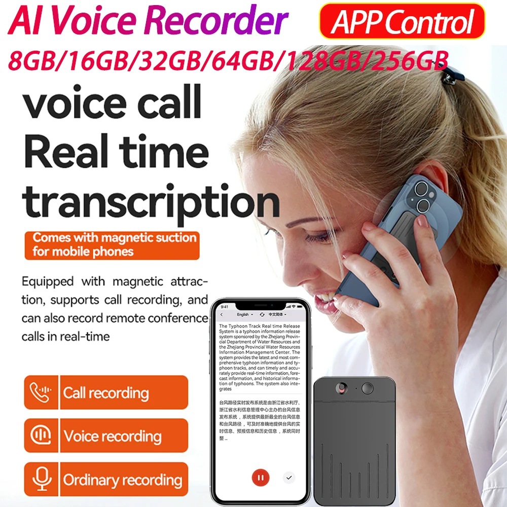 AI Voice Recorder Audio Dictaphone Support 80+ Languages Transcribe Summary Language Translation Device for Lecture/Meeting/Call