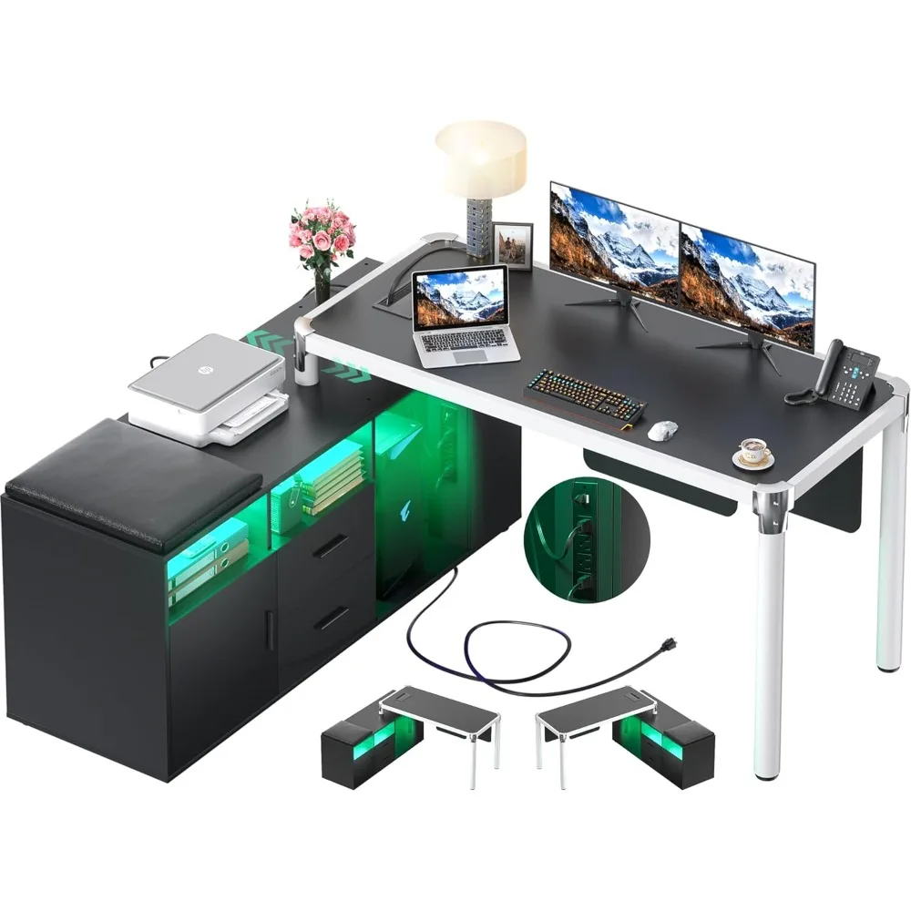 

L Shaped Desk with File Cabinet and Drawers, 55 Inch Large Corner Computer Desk with Power Outlet and Lights, Reversible Office
