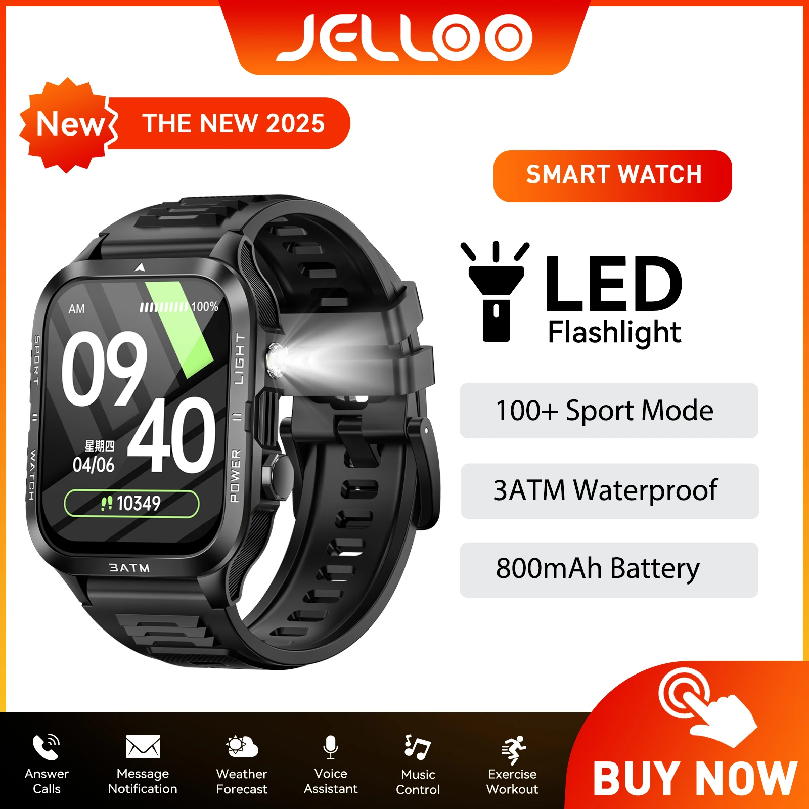 

JELLOO 2025 Smart Watches for Men with 880mAh Big Battery with LED Flashlight 3ATM Waterproof Rugged Smartwatch Fitness Tracker