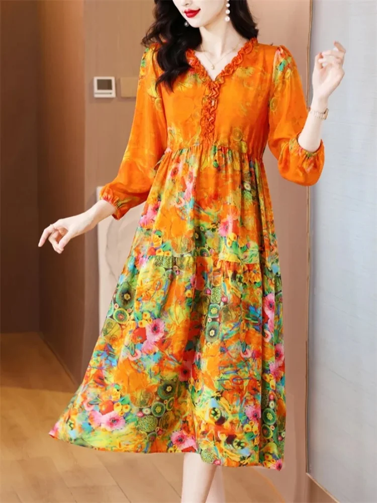 High-end Dress Ladies 2024 Spring and Summer New Slim Temperament Fashion Printed Silk Mulberry Silk Skirt Women