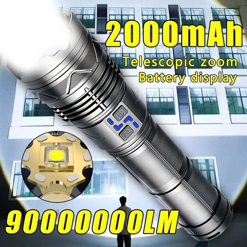 Powerful LED Flashlight Super Bright Spotlight Long Range Zoomable Emergency Lantern Outdoor Camping Torch Power Display