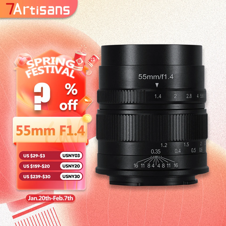 

7artisans MF 55mm F1.4 APS-C Medium Telephoto Humanities Large Aperture Camera Lens for Sony E Fujifilm XF Canon EOS-M M43 Mount