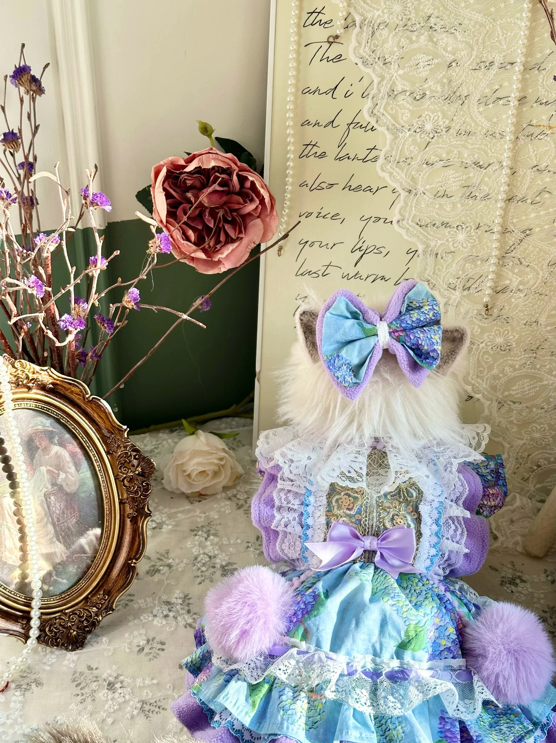 Handmade Blue Purple Hydrangea Pet Princess Dress Romantic Gown for Maltese Yorkshire Small Dogs Long Hair Cat Photoshoot Outfit