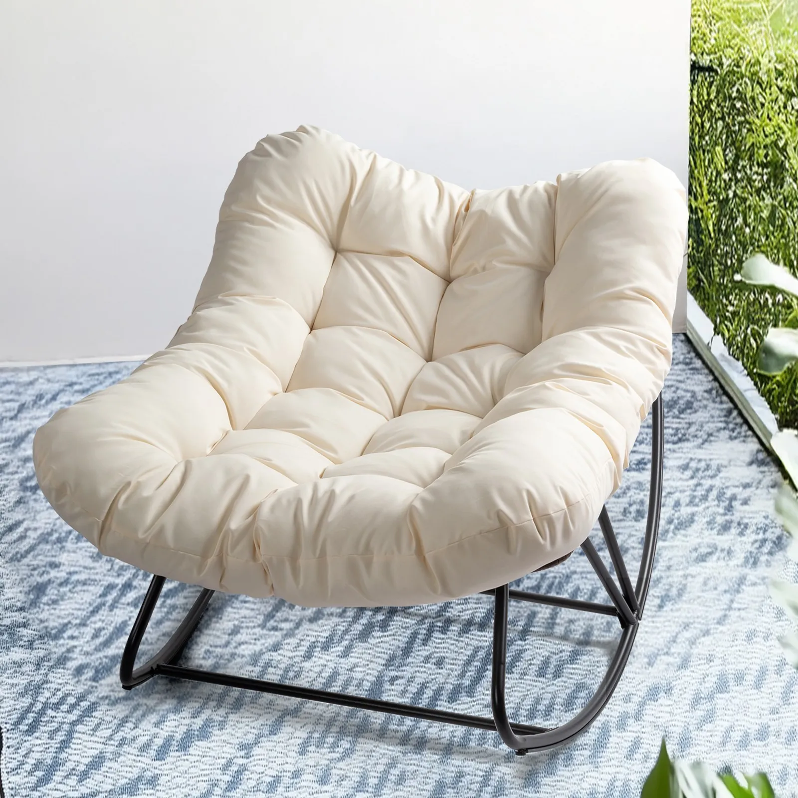 

38" Indoor Rocking Oversized Patio Wicker Egg Beige Cushion Lounge Garden Chair