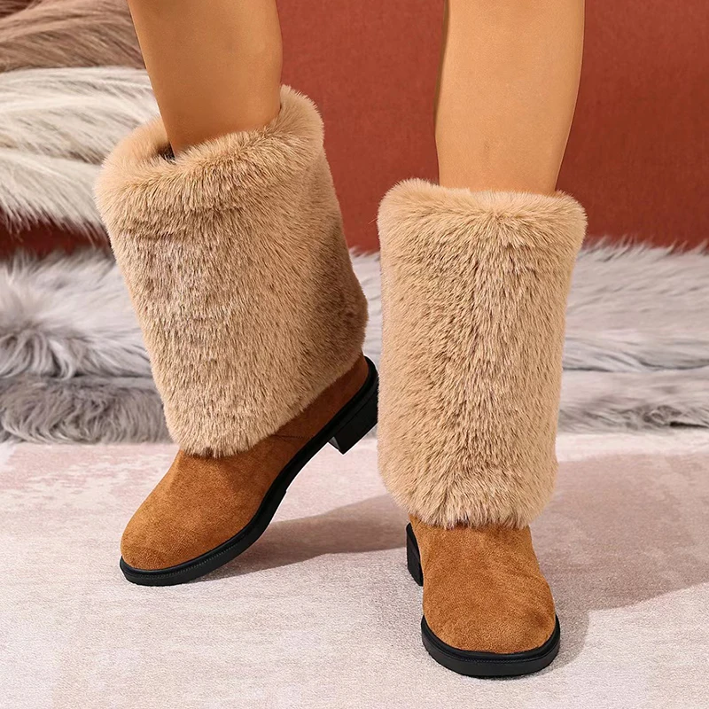 

Winter Plush Warm Mid-Calf Boots Women's Fashion Furry Mid-heel Snow Boots Thickened Fleeces Thermal Cotton Shoes Female Booties