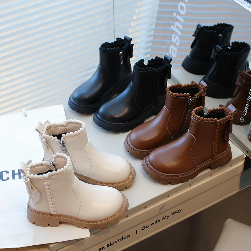 

2025 Winter Fashion Boots Girls Low Top Solid Color Lace Soft Soled Fleece Boots Children Side Zipper Non Slip Kid Shoes