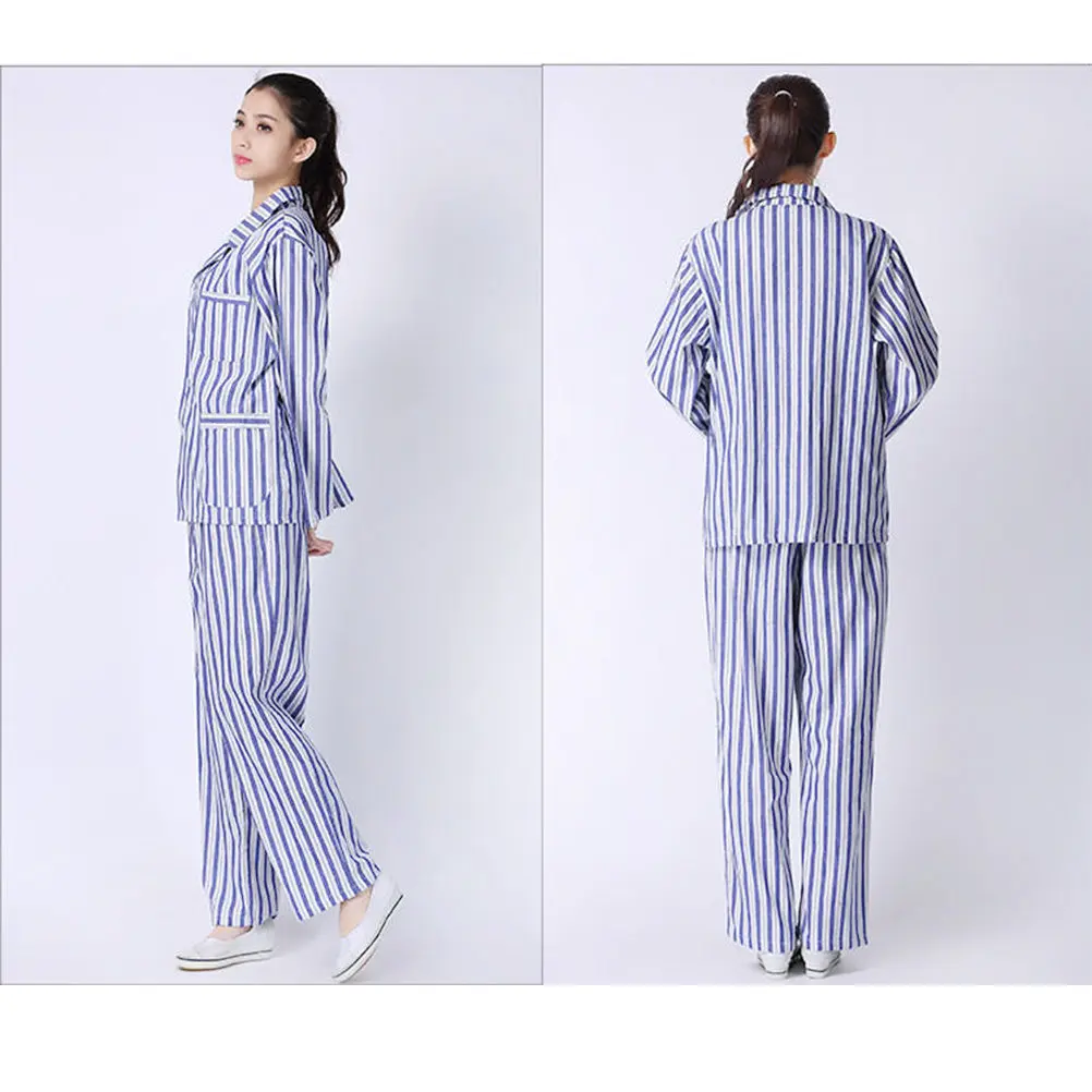 

1Set Long Sleeve Hospital Pajamas for Adults Premium Cotton Patient Sleepwear Roomy Fit Comfortable Daily White Stripe