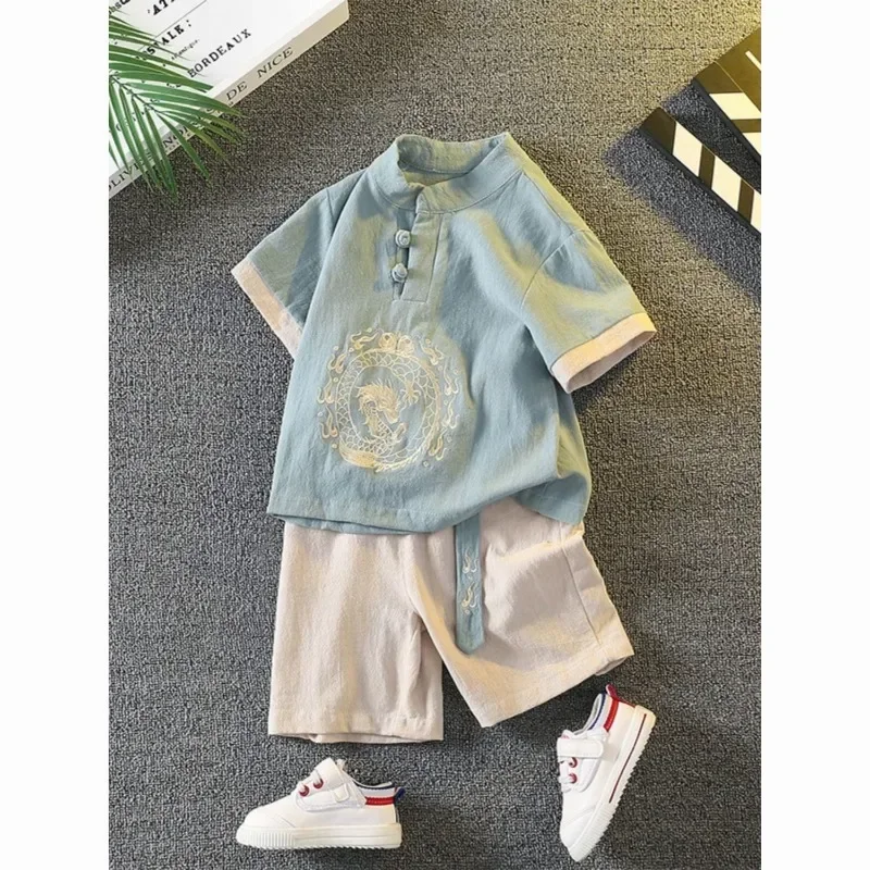 

Summer Cute Cotton Linen Dragon Embroidery Short Sleeve Tang Suit for Boys Chinese Style Children's Clothing Tai Chi Clothing