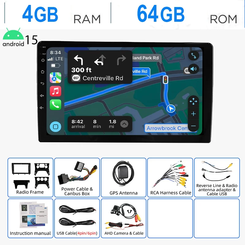 ESSGOO Android 15 Autoradio 9" 4+64 GB voor Peugeot 3008 5008 2009-2016 GPS Navigatie WiFi Draadloze CarPlay Android Auto Bluetooth RDS Mirror Link CANBUS FM Stuurwielbediening 2+32 GB Android 14