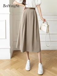 Beiyingni 2025 Fashion Vintage High Waist A-line Skirts for Women Korean Luxury Harajuku Casual Black Chic Midi Skirt With Belt