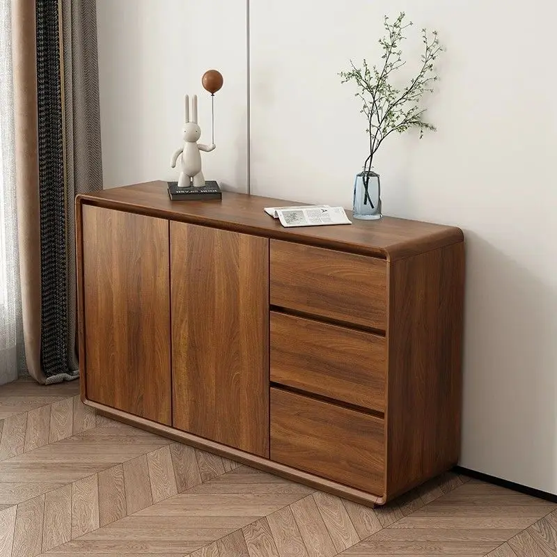 

Edge cabinet integrated against the wall Kitchen locker Solid wood new Chinese ultra-thin living room side cabinet Walnut color