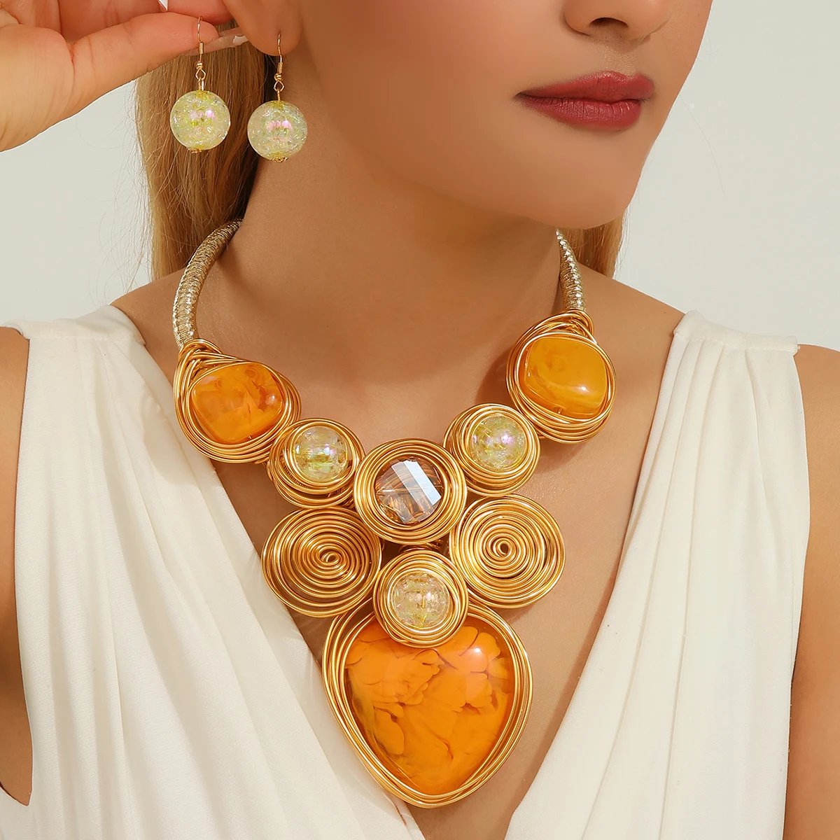 Statement Jewelry Set, Handmade Woven Necklace and Earrings