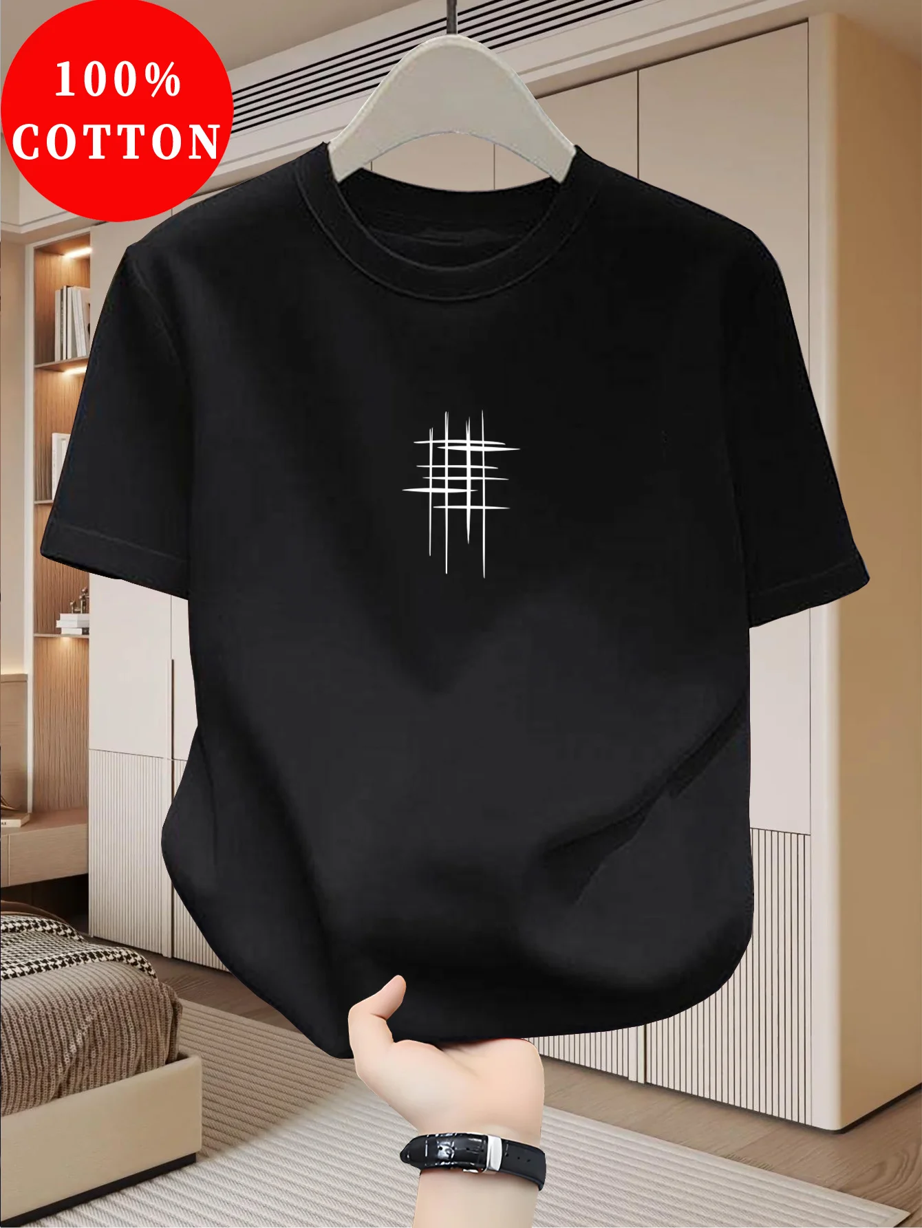 Herren 100% Baumwolle Rundhals-Kurzarm-T-Shirt, Oversized Streetwear Hip-Hop Sommer Leichtes Atmungsaktives Casual-Tee – Detail 9