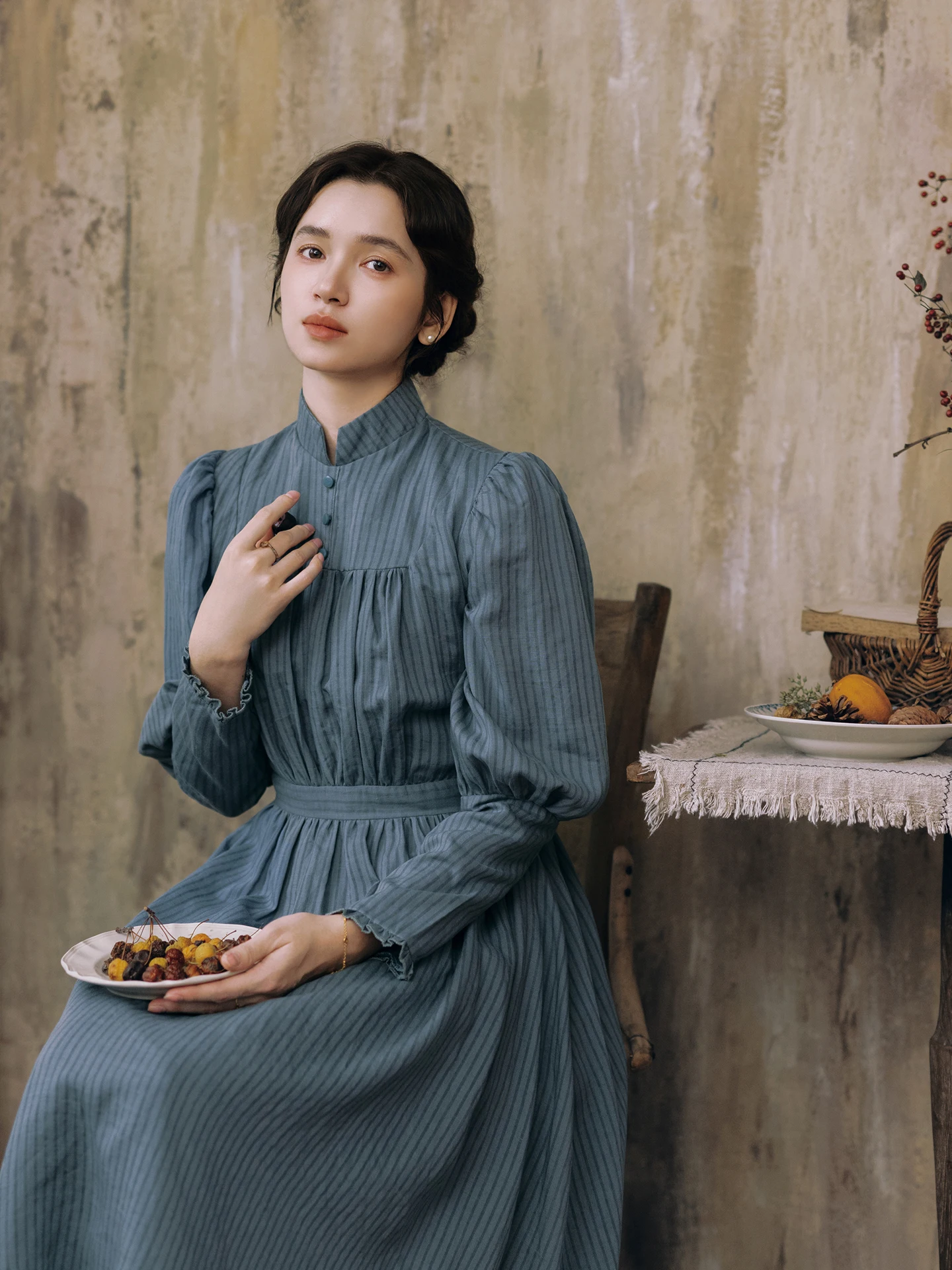 TIYIHAILEY Spring Autumn Women Blue Striped Dress Full Sleeve Long Maxi Ladies S-XL Vintage High Waist 2026 Stand Collar Linen