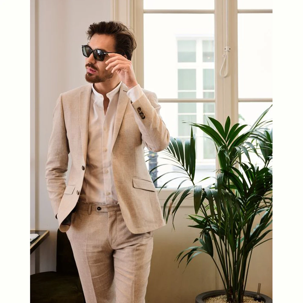 

Elegant Linen Men's Suits Single Breasted Two Piece Jacket Pants Blazer Sets Smart Causal Business Gentleman Male Clothing