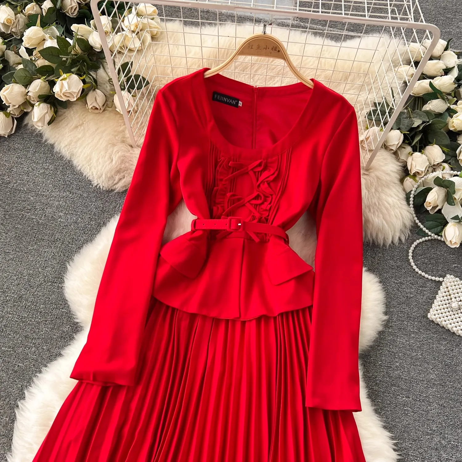 New 2024 Runway Elegant Spring Fake Two Piece Pleated Midi Dress Women O Neck Ruffles Long Sleeve Black Office Ladies Belt Dress