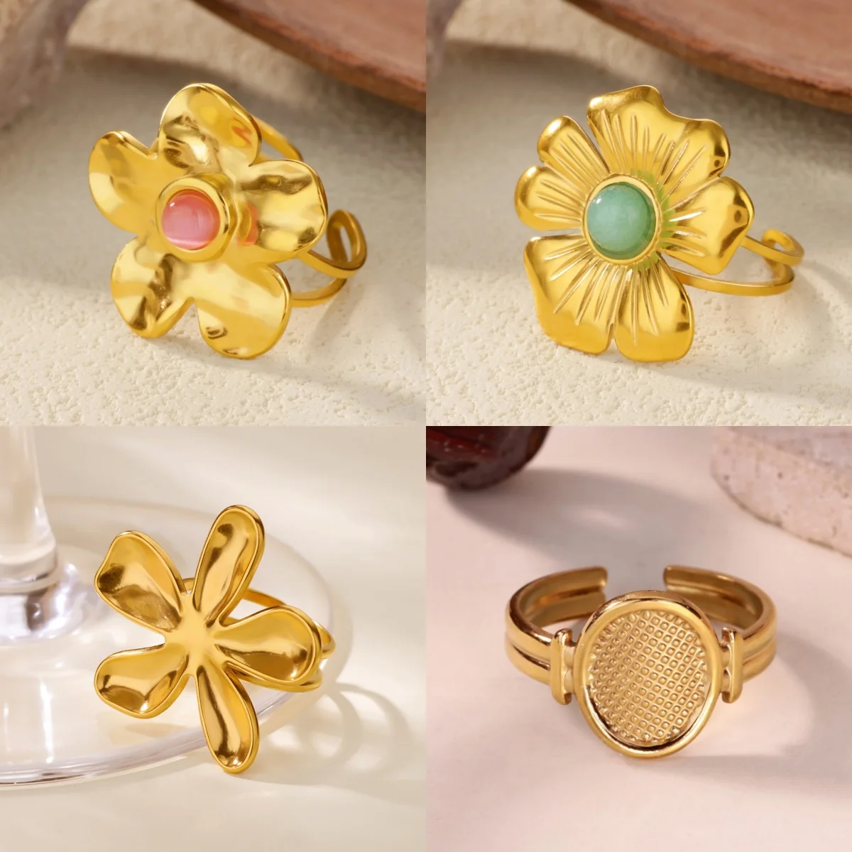 Romantische Blumen-Steinringe für Damen, Vergoldeter Edelstahl-Schmuckring, Süßes Jubiläumsgeschenk