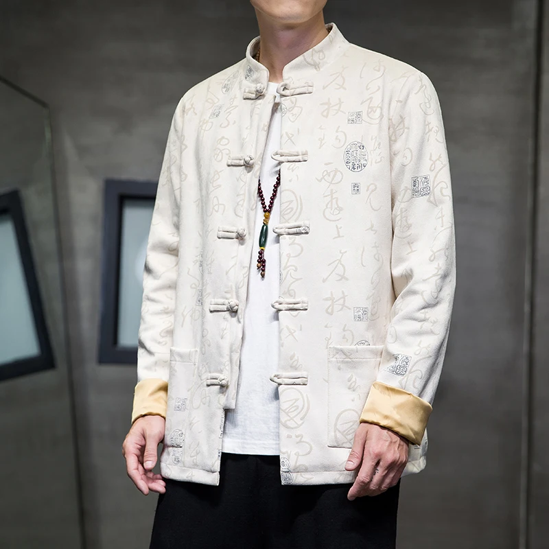 

2026 Autumn Chinese Style Men Suede Velvet Jacket Men Retro Tang Dynasty Hanfu Jacket Male Printing Casual Tang Jacket
