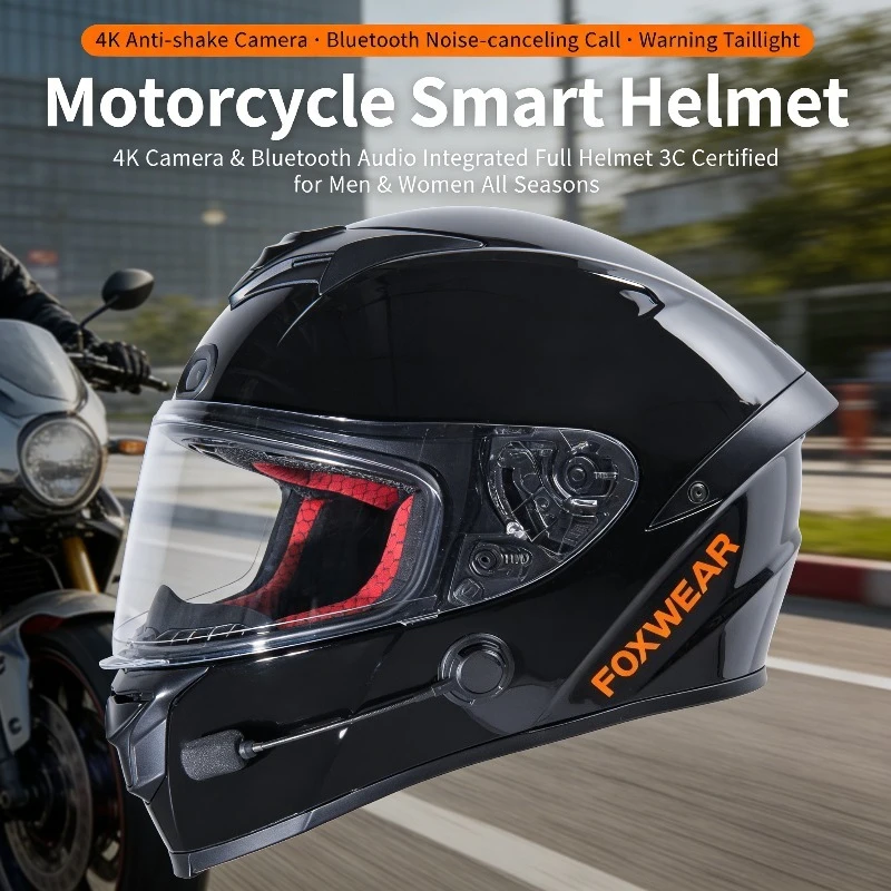 

Умный мотоциклетный шлем с видеорегистратором 4K, Bluetooth-гарнитурой, голосовым управлением, одобренный 3C, всесезонный шлем для мужчин и женщин