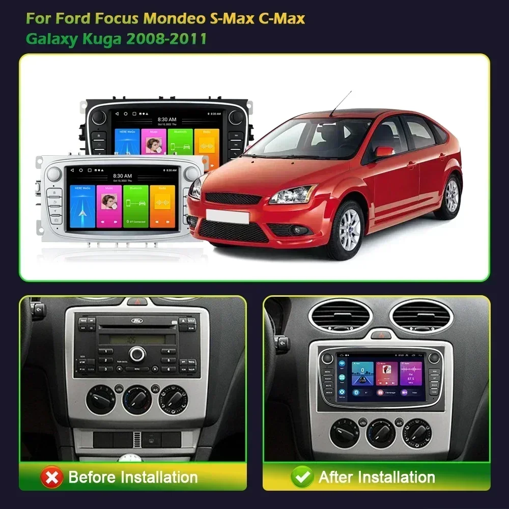 Wireless Carplay 4G Multimedia Car Radio 2 Din Screen WIFI Android 13 For Ford Focus Mondeo S-Max C-Max Galaxy Kuga 2008-2011