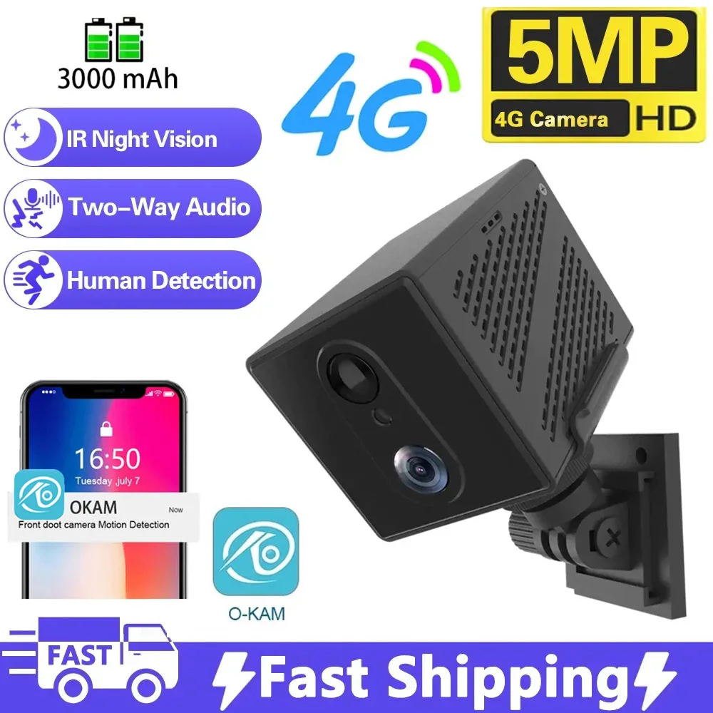 5MP 4G SIM 카드 미니 카메라, 인간 감지 카메라, 3000Mah 배터리, 보안 감시 캠코더, 비디오 녹음기 카메라, 64GB