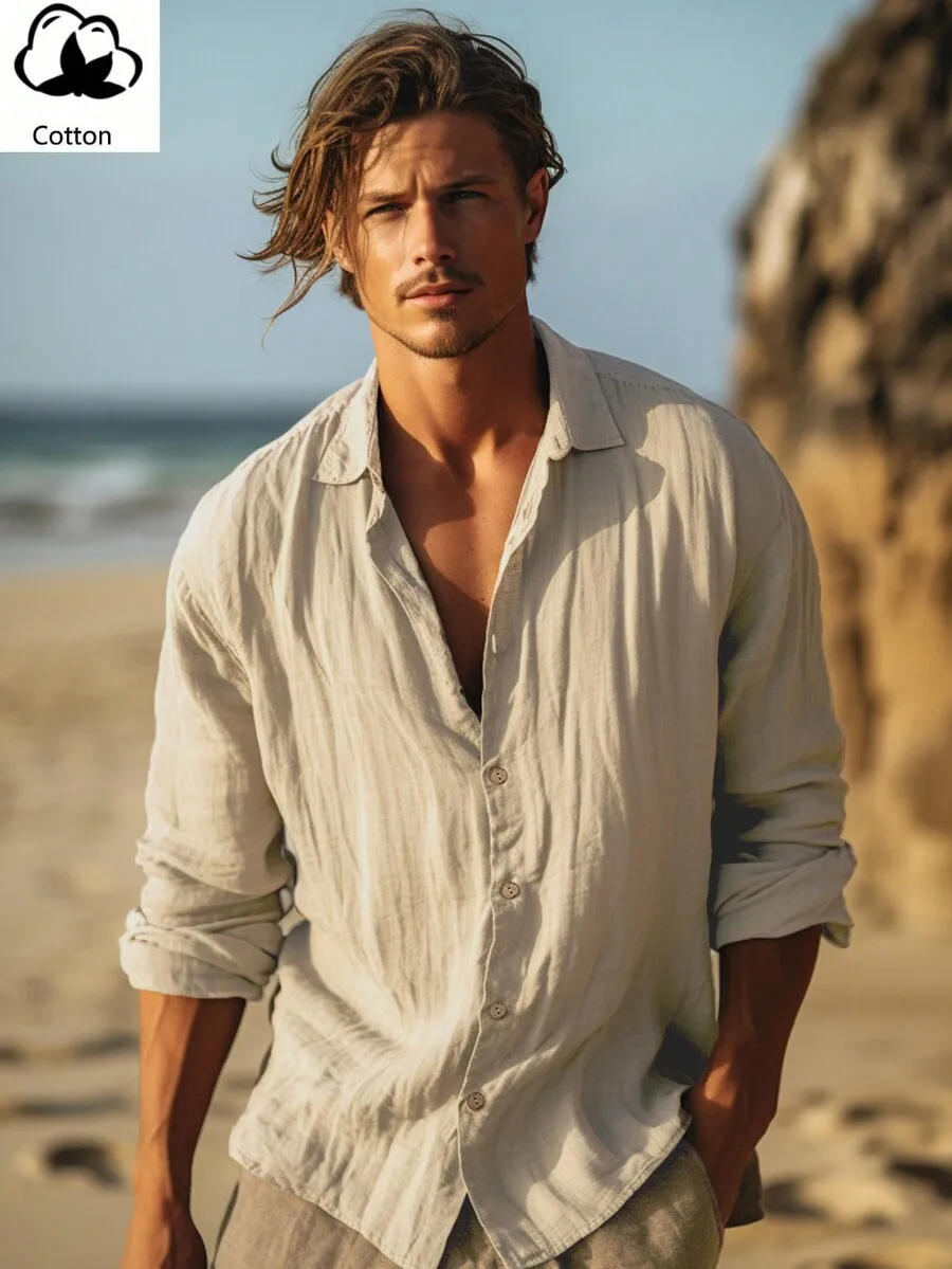

Men's Lightweight Cotton Linen Long Sleeve Shirt, Beach Casual Style
